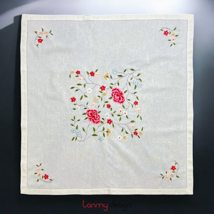 Square table cloth - rhododendron flower embroidery(size 90 cm) (Beige cloth)